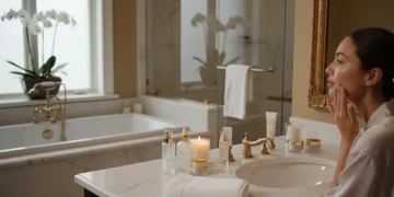 Woman applying anti-aging serum to her face in a luxurious bathroom setting