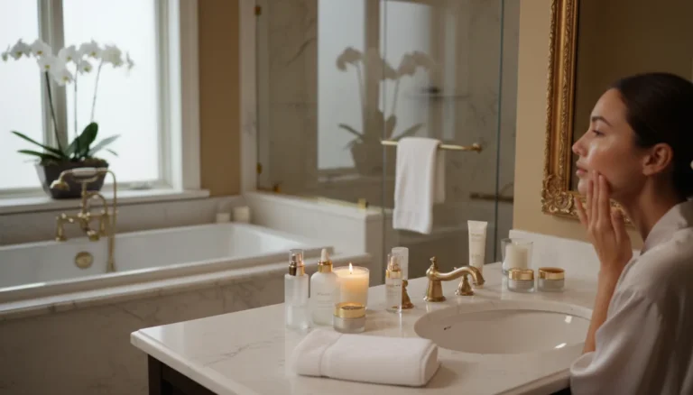 Woman applying anti-aging serum to her face in a luxurious bathroom setting