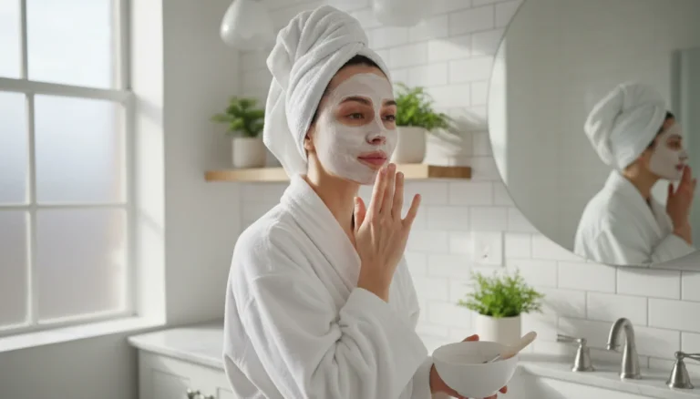 Woman applying hydrating face mask for winter skin recovery