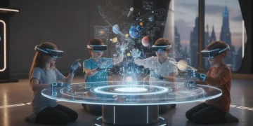 Children using augmented reality learning devices in classroom
