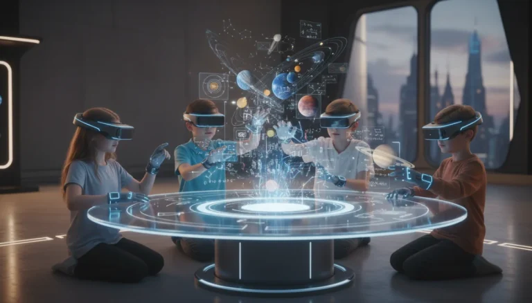 Children using augmented reality learning devices in classroom