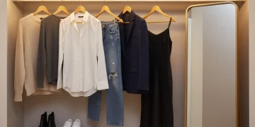 Organized capsule wardrobe with 10 basic clothing pieces including tops, jeans, blazer, and dress