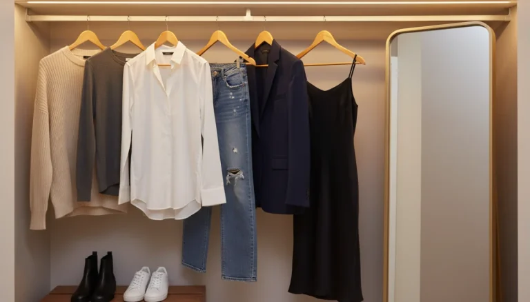 Organized capsule wardrobe with 10 basic clothing pieces including tops, jeans, blazer, and dress