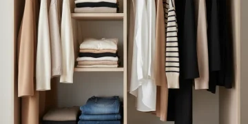 Capsule wardrobe essentials organized on shelves