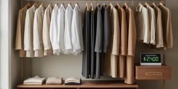 Organized capsule wardrobe with savings calculator showing annual savings