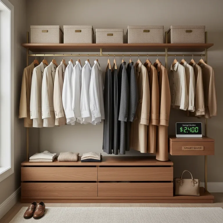 Organized capsule wardrobe with savings calculator showing annual savings