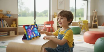 Child using AI-powered educational tablet with interactive learning content