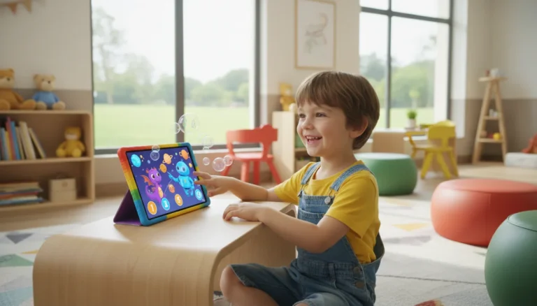 Child using AI-powered educational tablet with interactive learning content