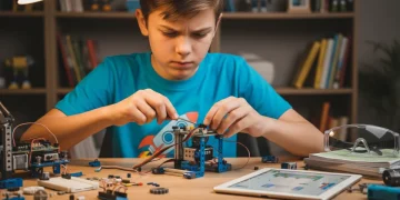 Child building educational robot kit at desk