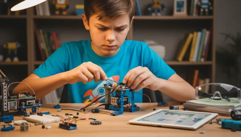 Child building educational robot kit at desk