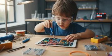 Child performing DIY gadget repair on a tablet