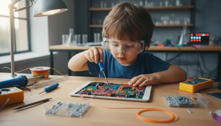 Child performing DIY gadget repair on a tablet