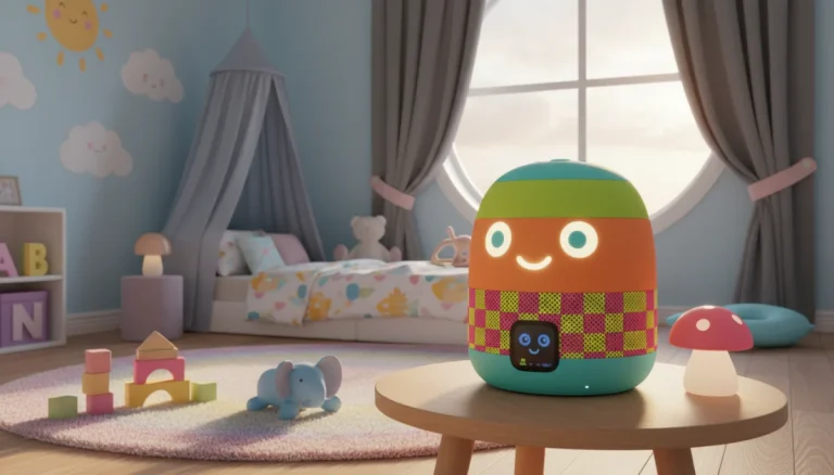Child-friendly voice-activated smart speaker with colorful design in kids room