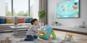 Child playing educational gaming console at home