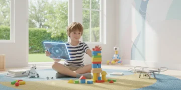 Child playing with smart toy and traditional blocks in colorful playroom