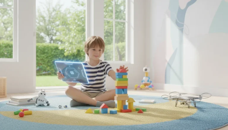Child playing with smart toy and traditional blocks in colorful playroom