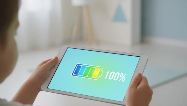 Child holding tablet with full battery indicator