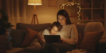 Child using tablet with blue light filter applied, parent supervising screen time