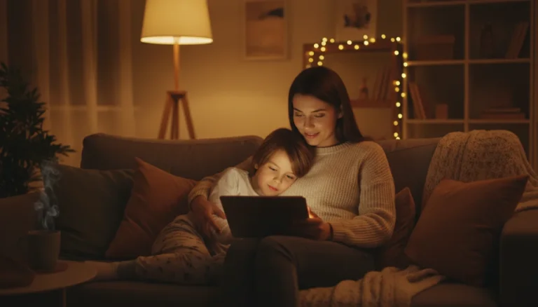 Child using tablet with blue light filter applied, parent supervising screen time