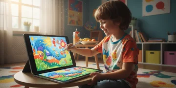 Child using kids art tablet for digital drawing