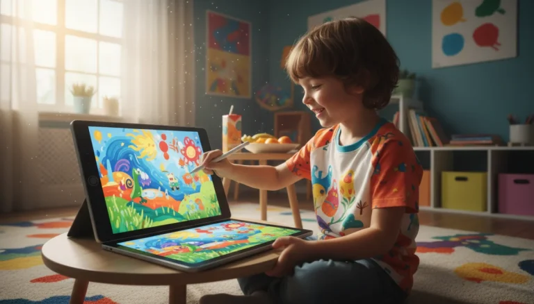 Child using kids art tablet for digital drawing