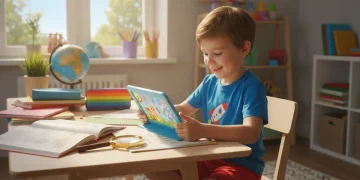 Child using an affordable kids tablet for educational games