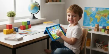 Child using protected tablet with screen protector and case