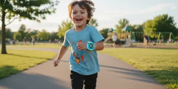 Child wearing kids fitness tracker while running outdoors