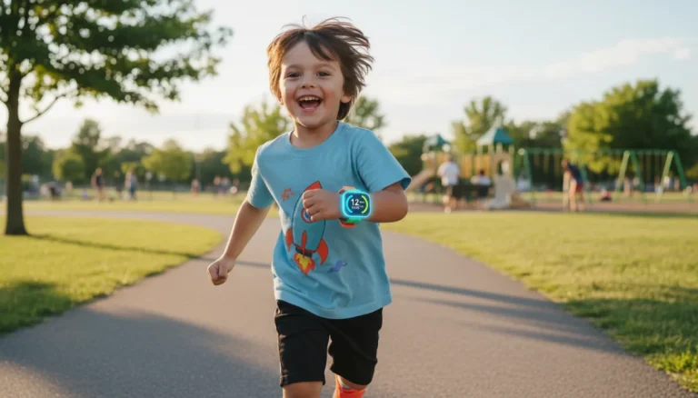 Child wearing kids fitness tracker while running outdoors