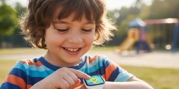Child wearing modern kids wearable tech smartwatch with colorful display