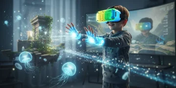 Child wearing kids VR headset exploring virtual reality