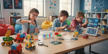 Children playing with STEM learning gadgets in a bright educational setting