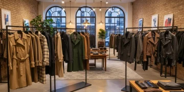 Classic outerwear pieces including trench coats and pea coats in a boutique setting