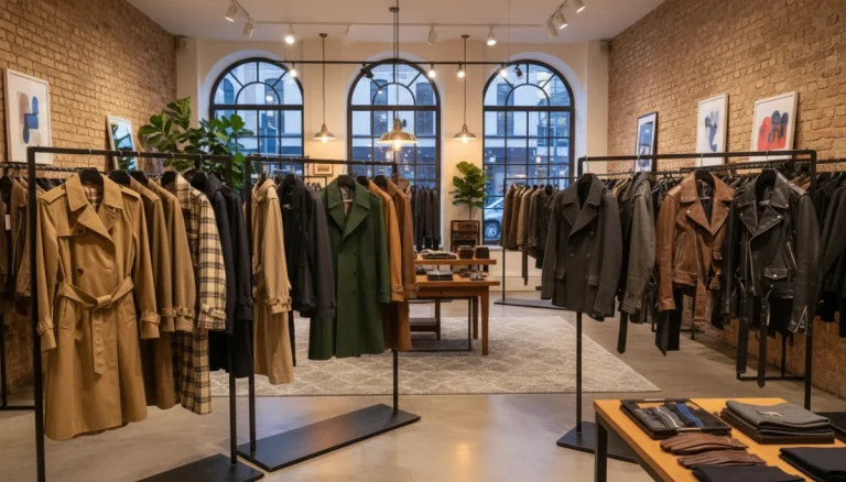 Classic outerwear pieces including trench coats and pea coats in a boutique setting