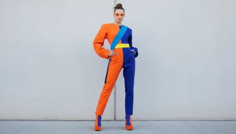 Model wearing color blocking trends outfit with orange and blue panels