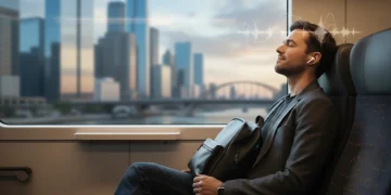 Commuter wearing wireless earbuds on train with city view