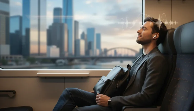 Commuter wearing wireless earbuds on train with city view