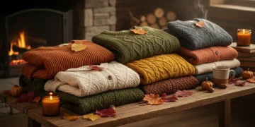 Collection of cozy fall sweaters in warm colors on wooden table with autumn leaves