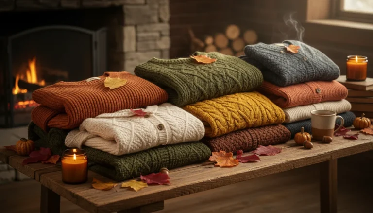 Collection of cozy fall sweaters in warm colors on wooden table with autumn leaves