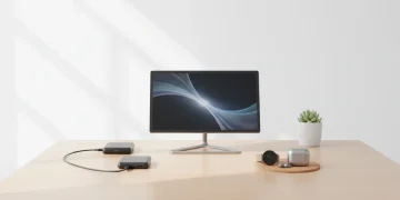Electronic innovations workspace with modern devices