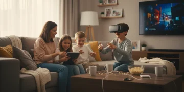 Parents and children using screen time gadgets together