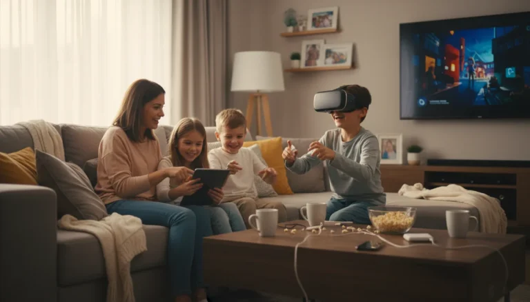 Parents and children using screen time gadgets together