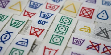 Fashion care labels with laundry symbols showing washing instructions