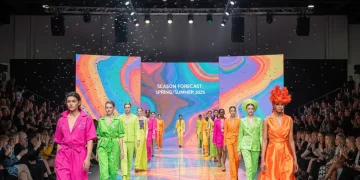 Fashion trend forecasting runway show with colorful trending outfits