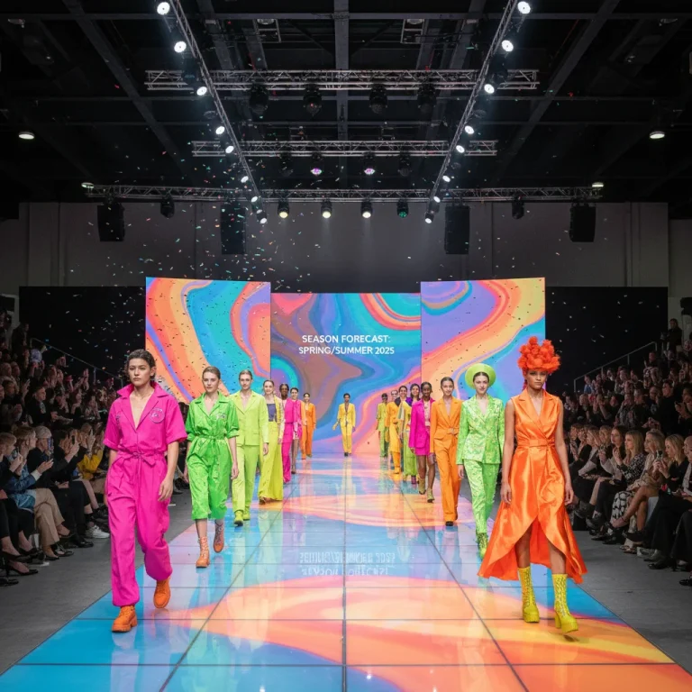 Fashion trend forecasting runway show with colorful trending outfits