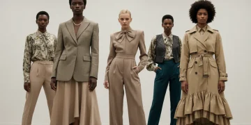 Gender-fluid fashion models wearing inclusive androgynous clothing in a modern studio setting