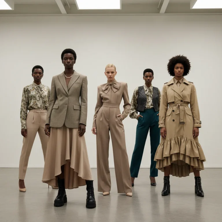 Gender-fluid fashion models wearing inclusive androgynous clothing in a modern studio setting