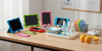 Children's gadgets and cleaning supplies on a desk for quarterly maintenance
