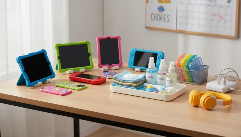 Children's gadgets and cleaning supplies on a desk for quarterly maintenance