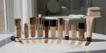 Long-lasting foundations collection on marble surface